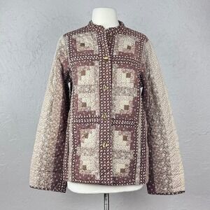 VINTAGE 70s Handmade Log Cabin Quilt Jacket Brown Calico Patchwork Medium